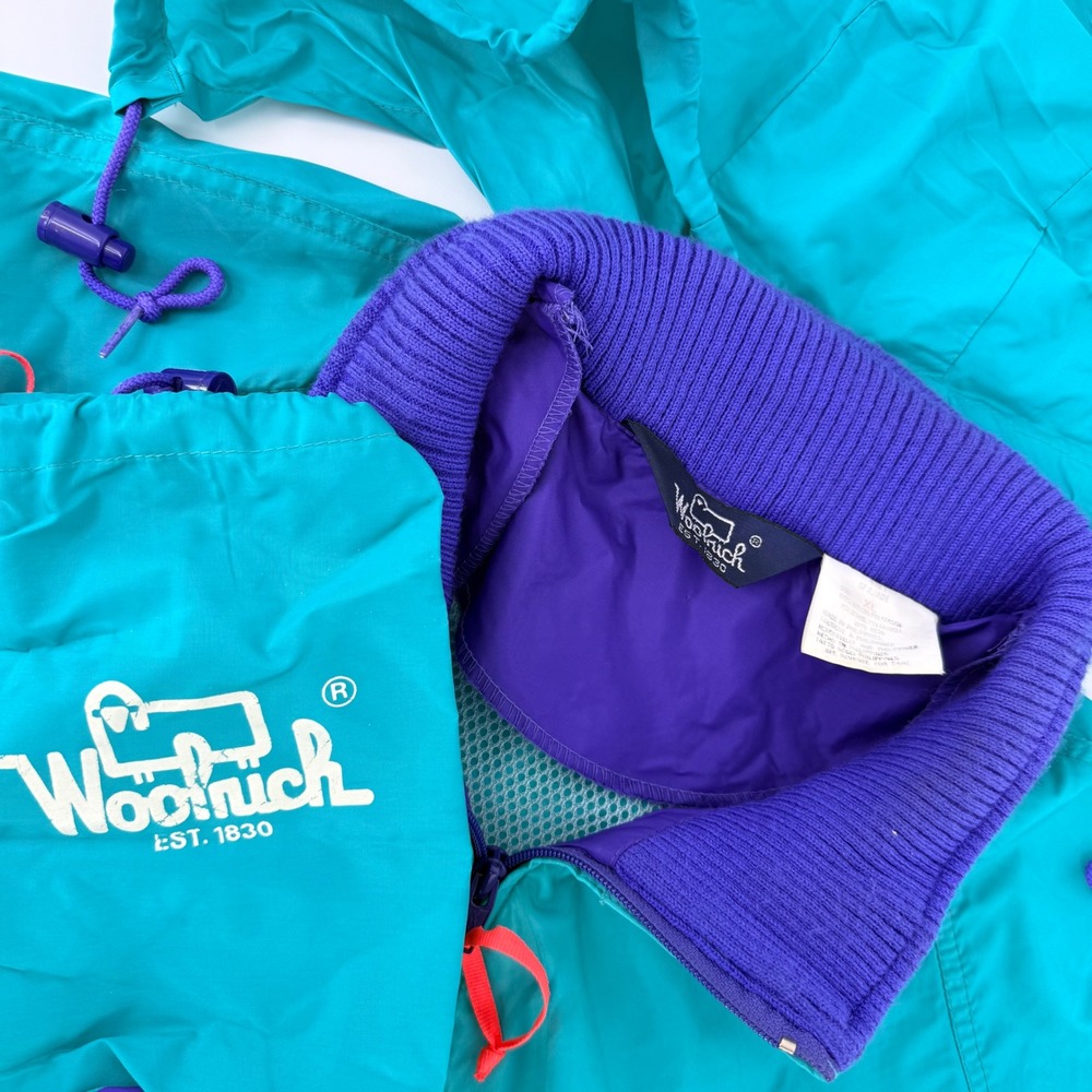 VTG Woolrich Men's Windbreaker XL Teal Purple Jacket A121 Sea Jade Packable Bag